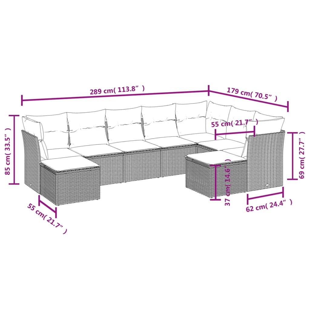 9 Pcs conjunto de sofás p/ jardim com almofadões vime PE bege