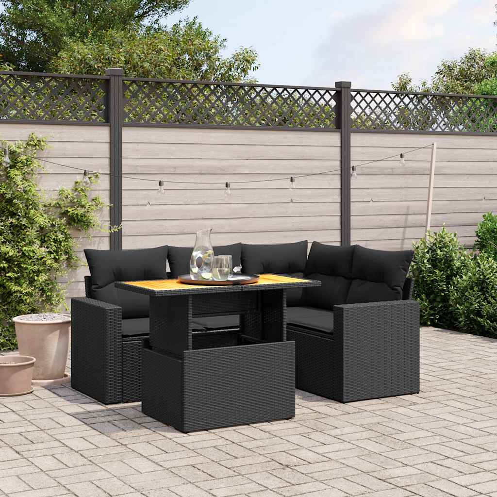 5 Pcs conjunto sofás de jardim com almofadões vime PE preto