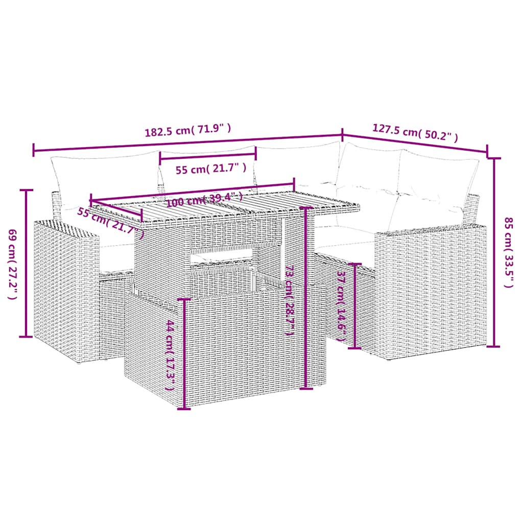 5 Pcs conjunto sofás de jardim com almofadões vime PE preto