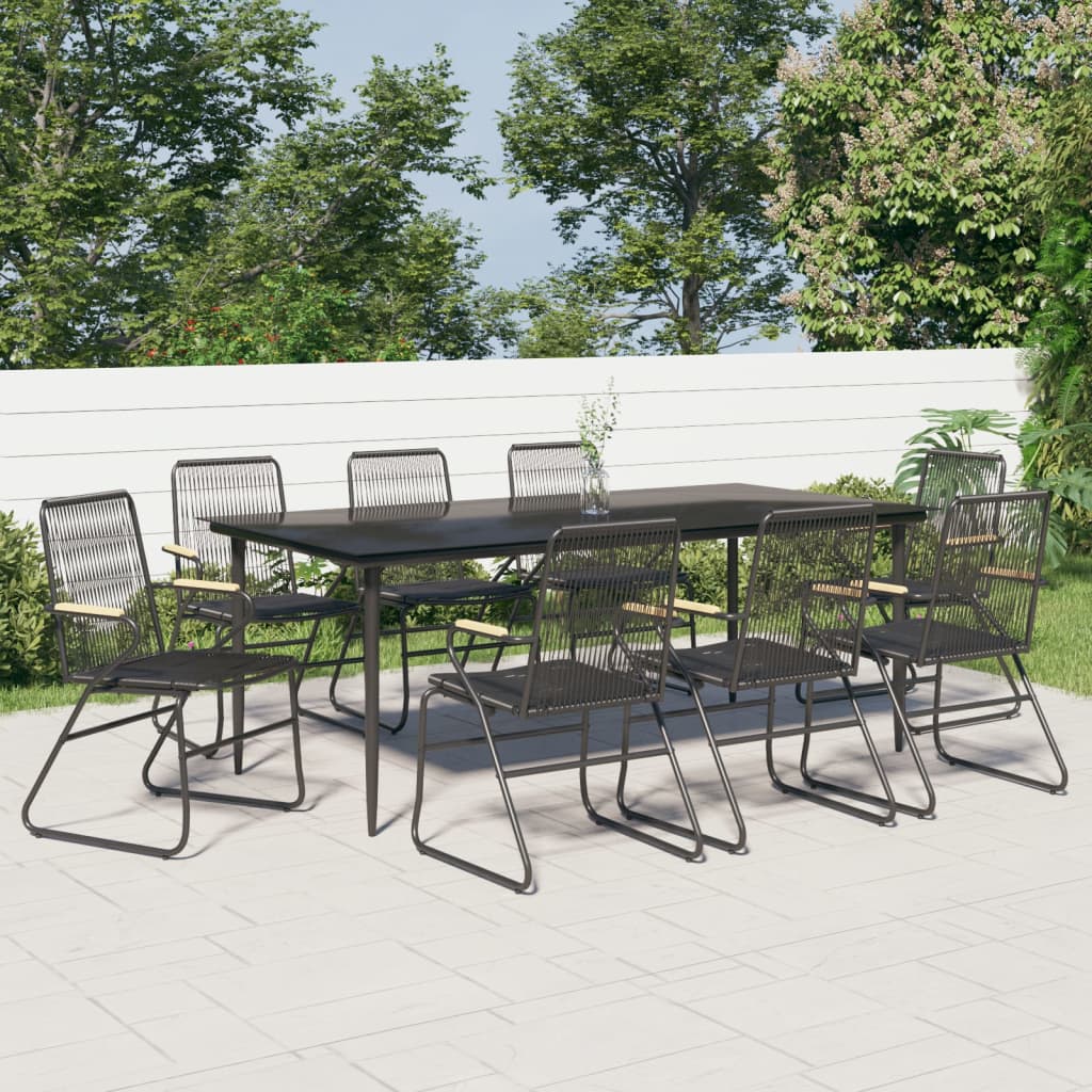 9 Pcs conjunto de jantar para jardim vime de PVC preto