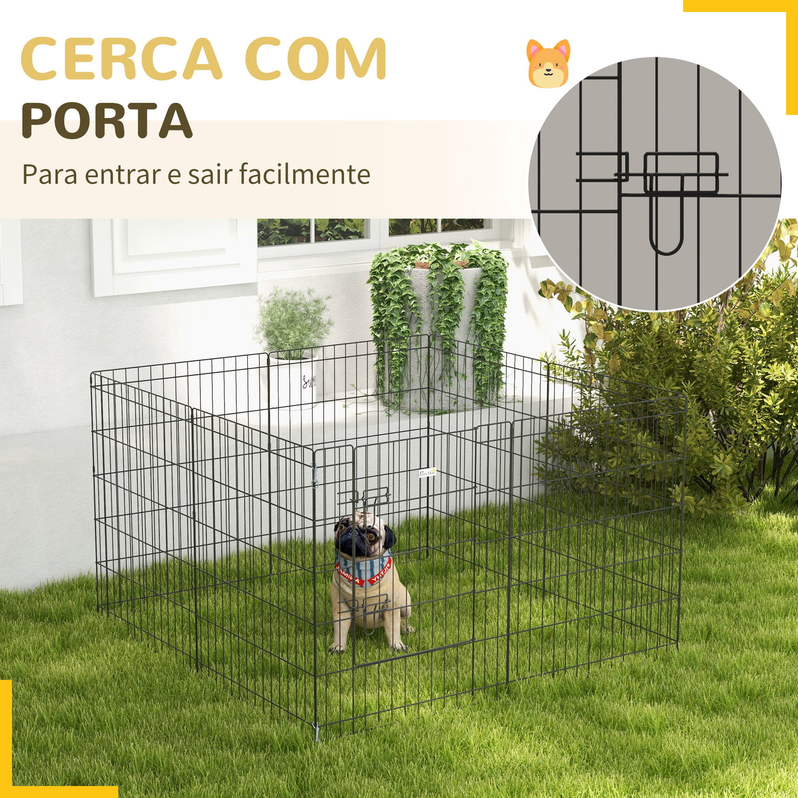 Parque para cães 8 painéis dobráveis gaiola metálica para animais de estimação com porta e dupla fechadura 76x61cm preto