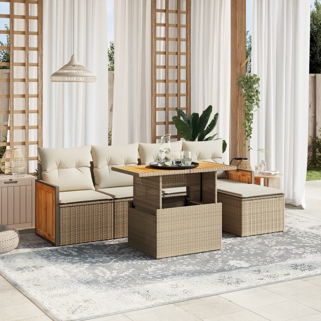 6 Pcs conjunto de sofás p/ jardim com almofadões vime PE bege