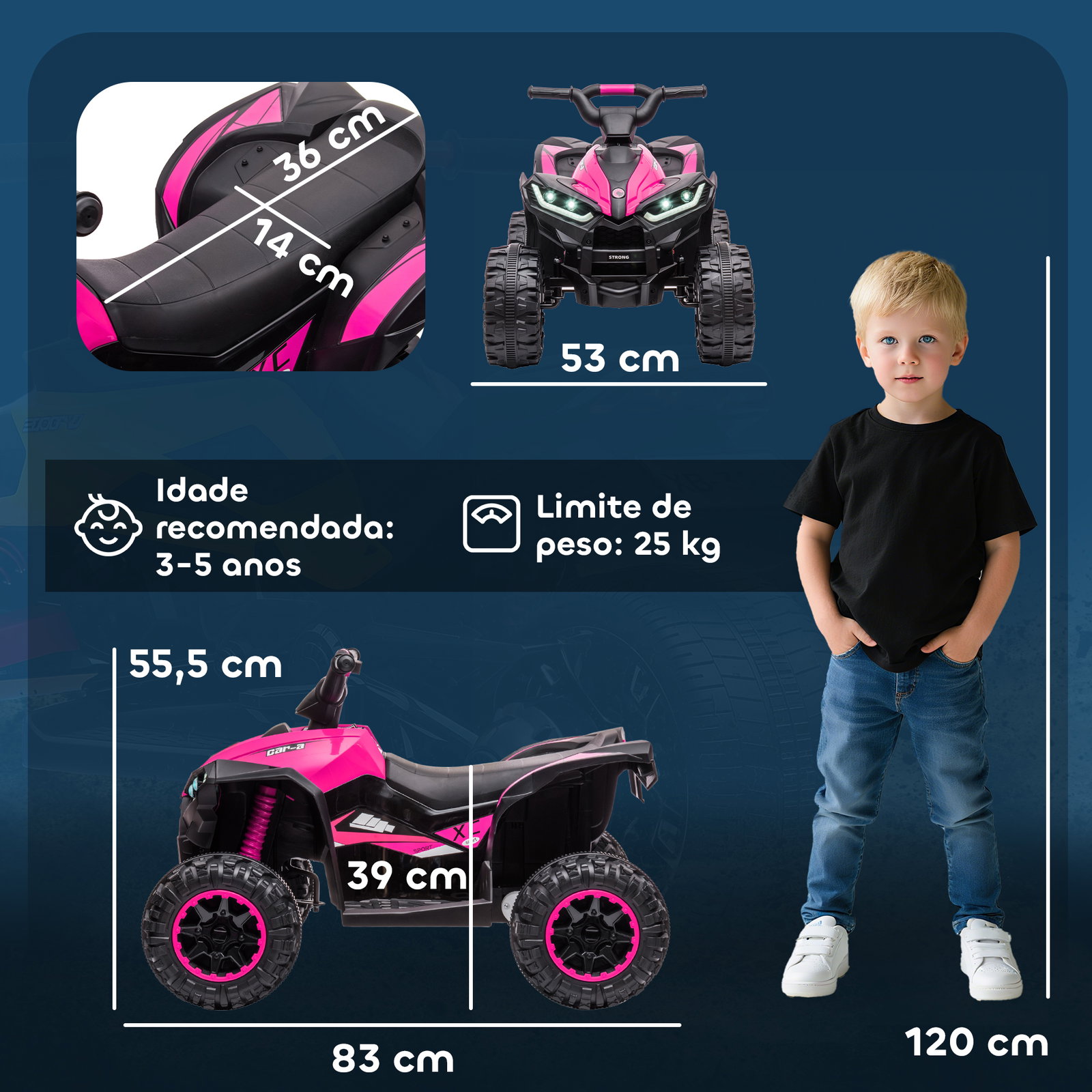 Quadriciclo elétrico para crianças de 3-5 anos veículo eléctrico a bateria 12v com 2 motores 83x53x55,5 cm rosa