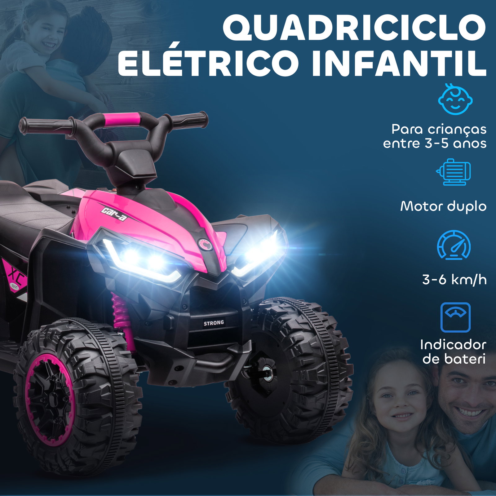 Quadriciclo elétrico para crianças de 3-5 anos veículo eléctrico a bateria 12v com 2 motores 83x53x55,5 cm rosa