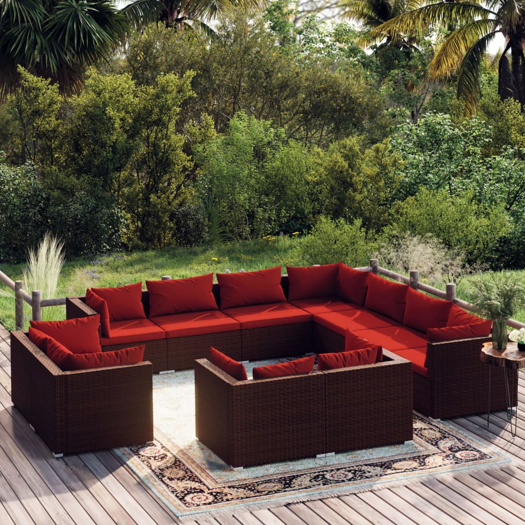 11 Pcs conjunto lounge jardim c/ almofadões vime PE castanho