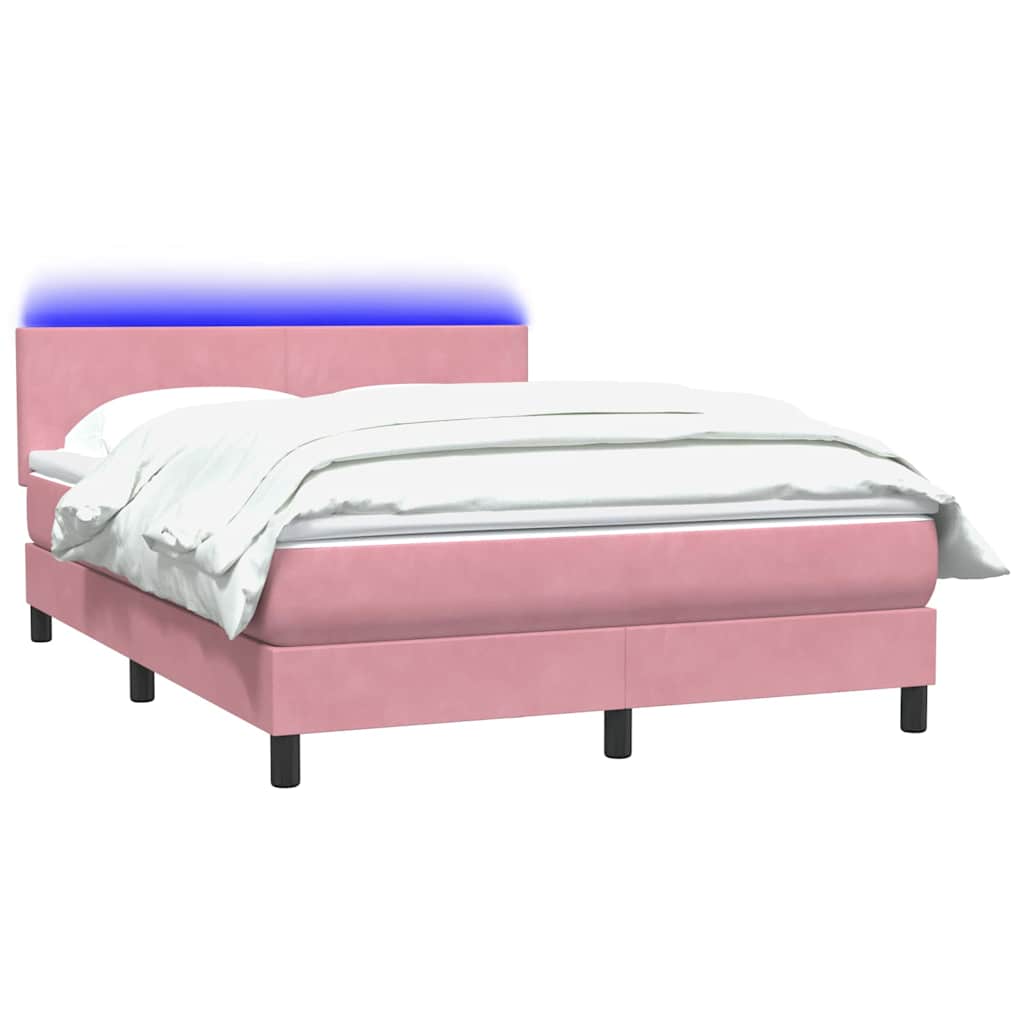 Cama box spring c/ colchão e LED 140x220 cm veludo rosa