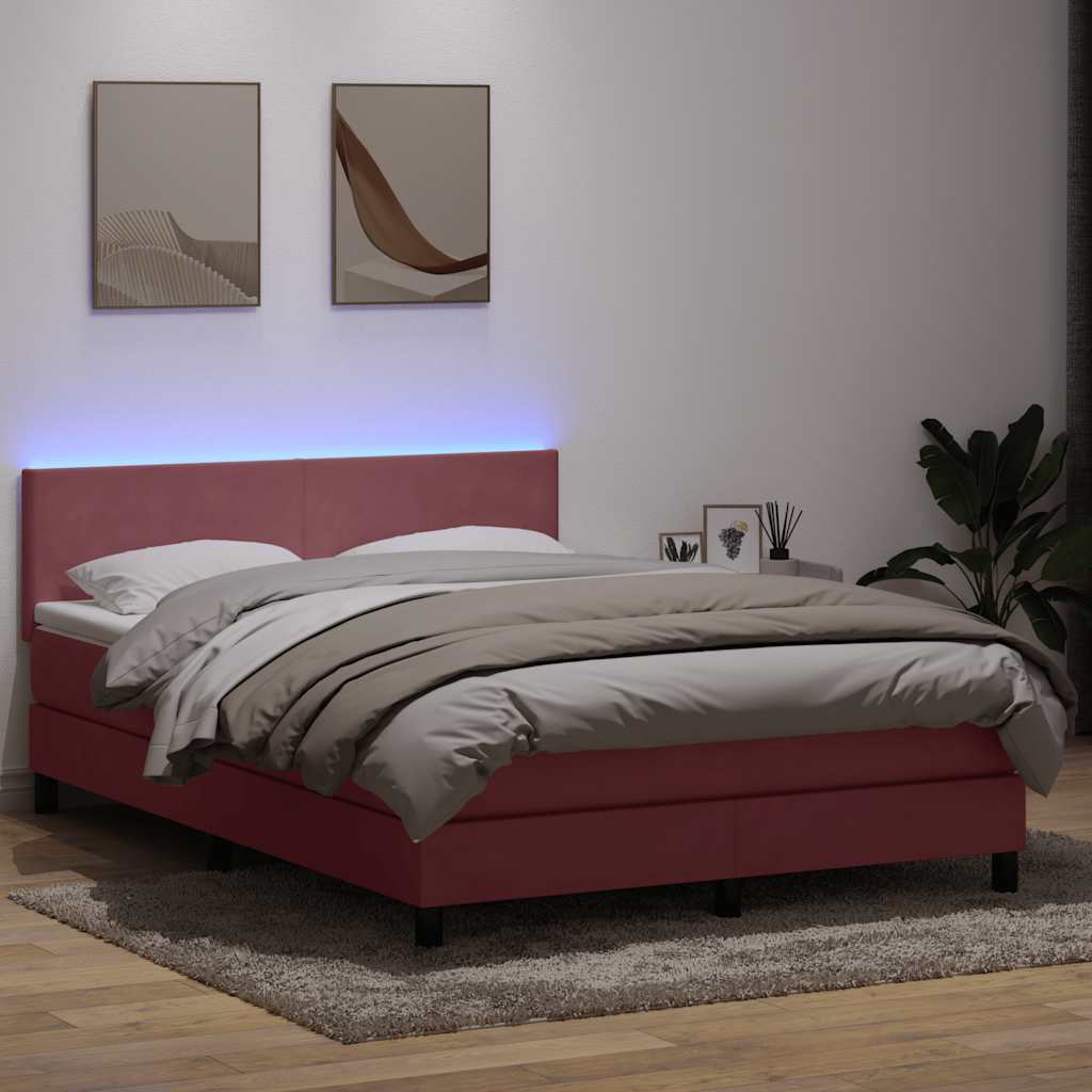 Cama box spring c/ colchão e LED 140x220 cm veludo rosa
