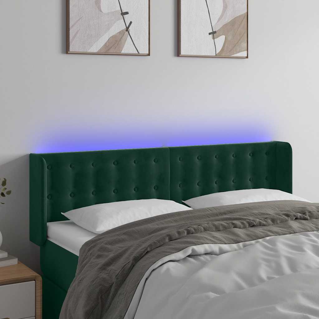 Cabeceira cama c/ luzes LED veludo 147x16x78/88 cm verde-escuro