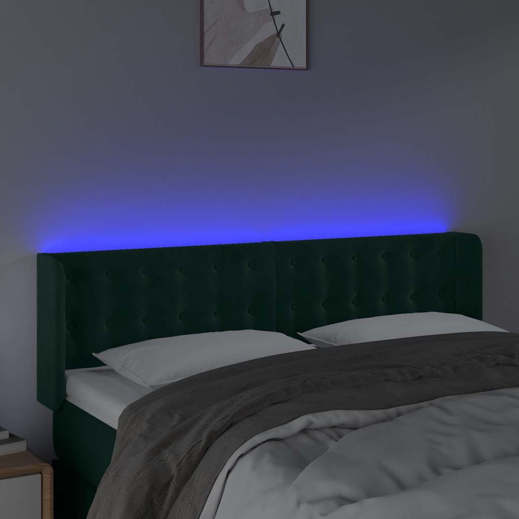 Cabeceira cama c/ luzes LED veludo 147x16x78/88 cm verde-escuro