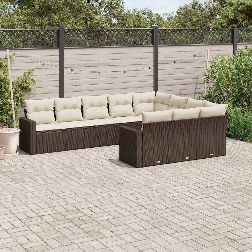 10 Pcs conj. sofás jardim com almofadões vime PE castanho