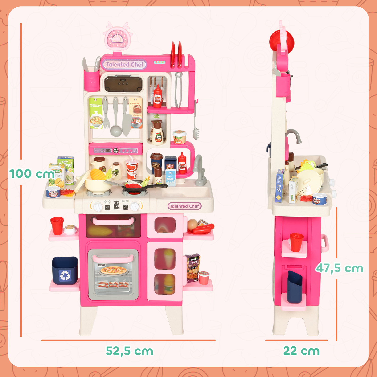 Cozinha de brincar com luz e som cozinha para crianças com acessórios panelas utensilios e alimentos falsos 52,5x22x100 cm rosa