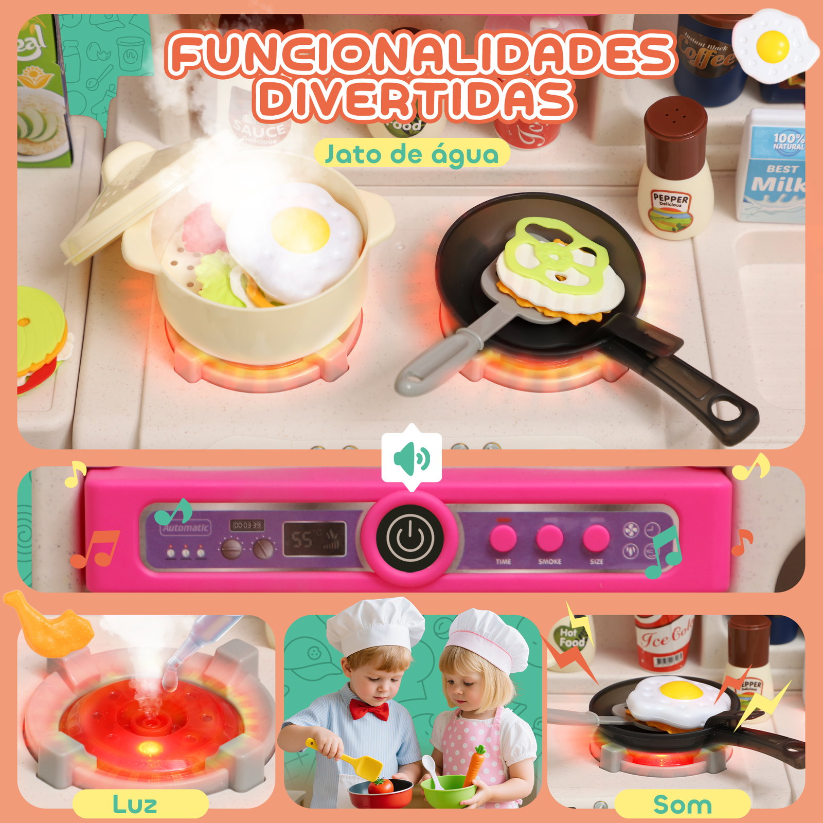 Cozinha de brincar com luz e som cozinha para crianças com acessórios panelas utensilios e alimentos falsos 52,5x22x100 cm rosa