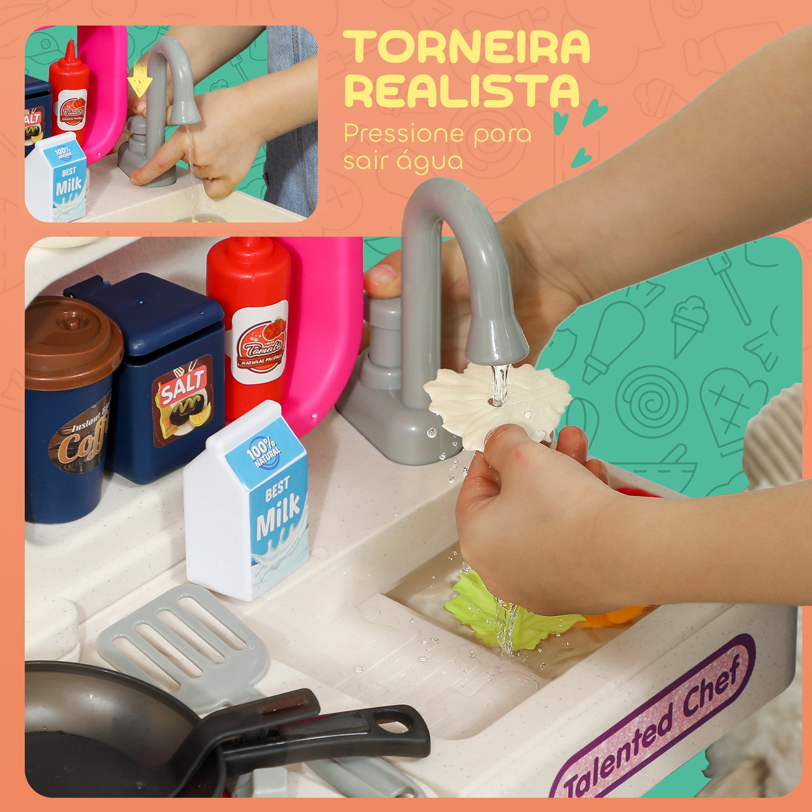 Cozinha de brincar com luz e som cozinha para crianças com acessórios panelas utensilios e alimentos falsos 52,5x22x100 cm rosa