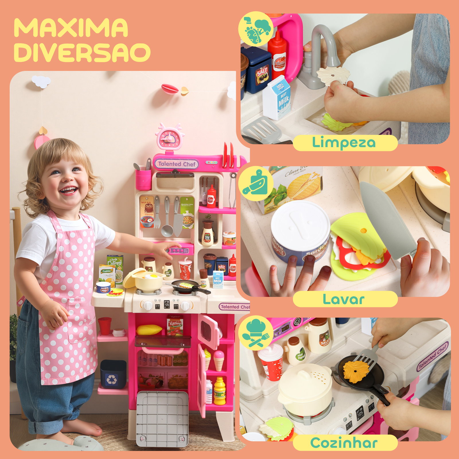Cozinha de brincar com luz e som cozinha para crianças com acessórios panelas utensilios e alimentos falsos 52,5x22x100 cm rosa