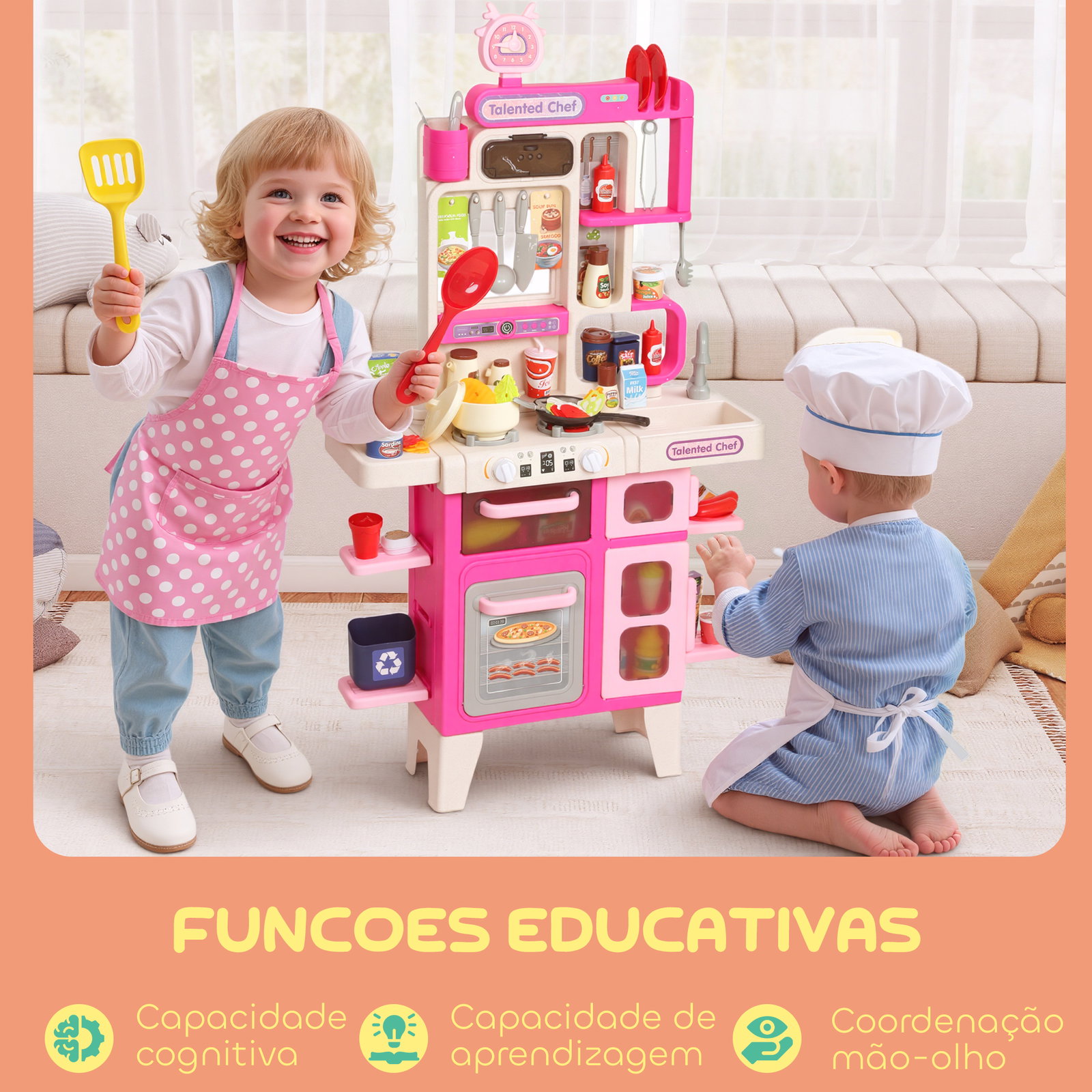 Cozinha de brincar com luz e som cozinha para crianças com acessórios panelas utensilios e alimentos falsos 52,5x22x100 cm rosa