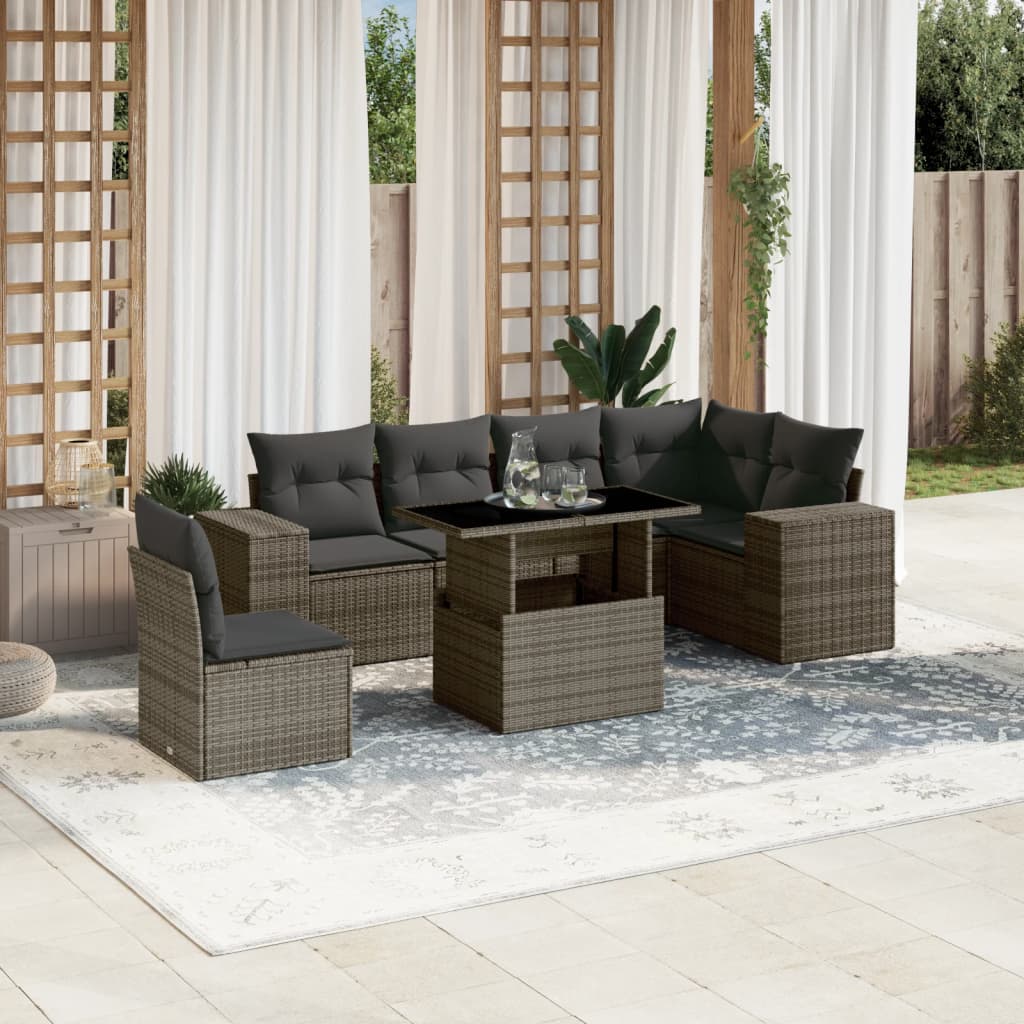 7 Pcs conjunto sofás p/ jardim c/ almofadões vime PE cinzento
