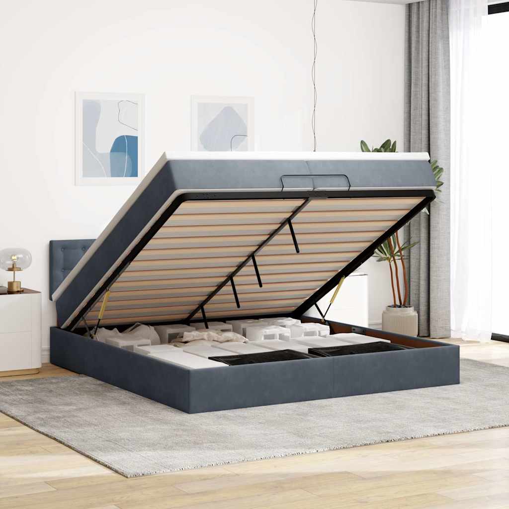 Moldura de cama otomana com colchão cinza escuro veludo