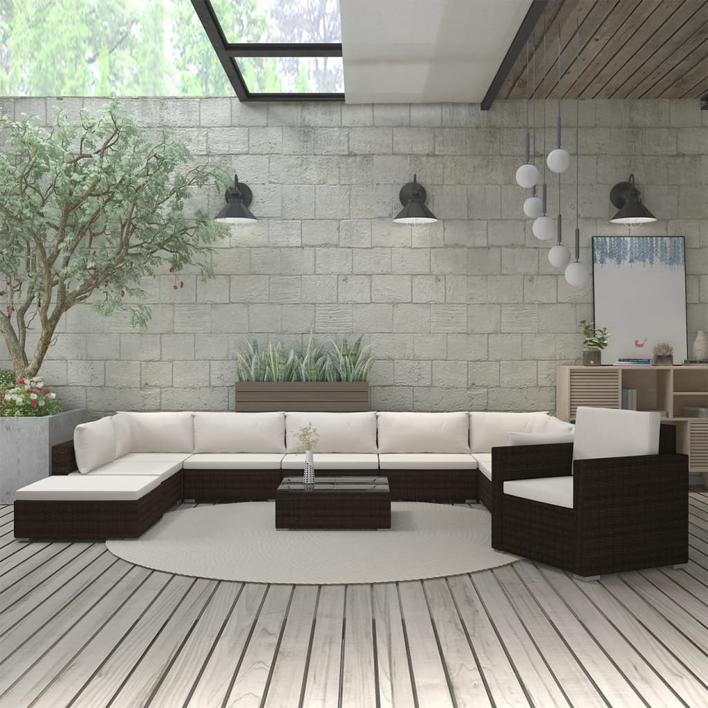 11 Pcs conjunto lounge jardim c/ almofadões vime PE castanho