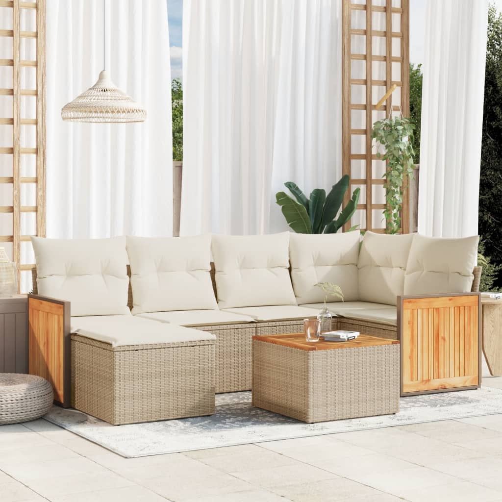 7 Pcs conjunto de sofás p/ jardim com almofadões vime PE bege