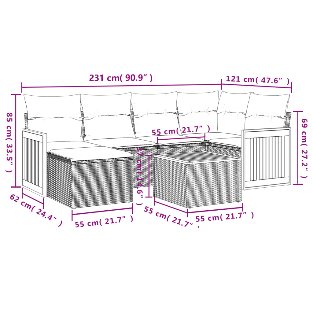 7 Pcs conjunto de sofás p/ jardim com almofadões vime PE bege