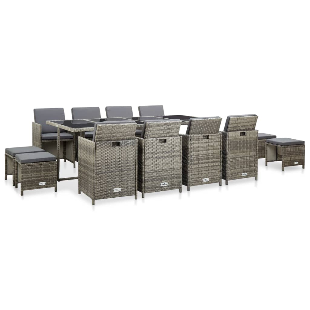 13 Pcs conjunto jantar exterior com almofadões vime PE cinzento