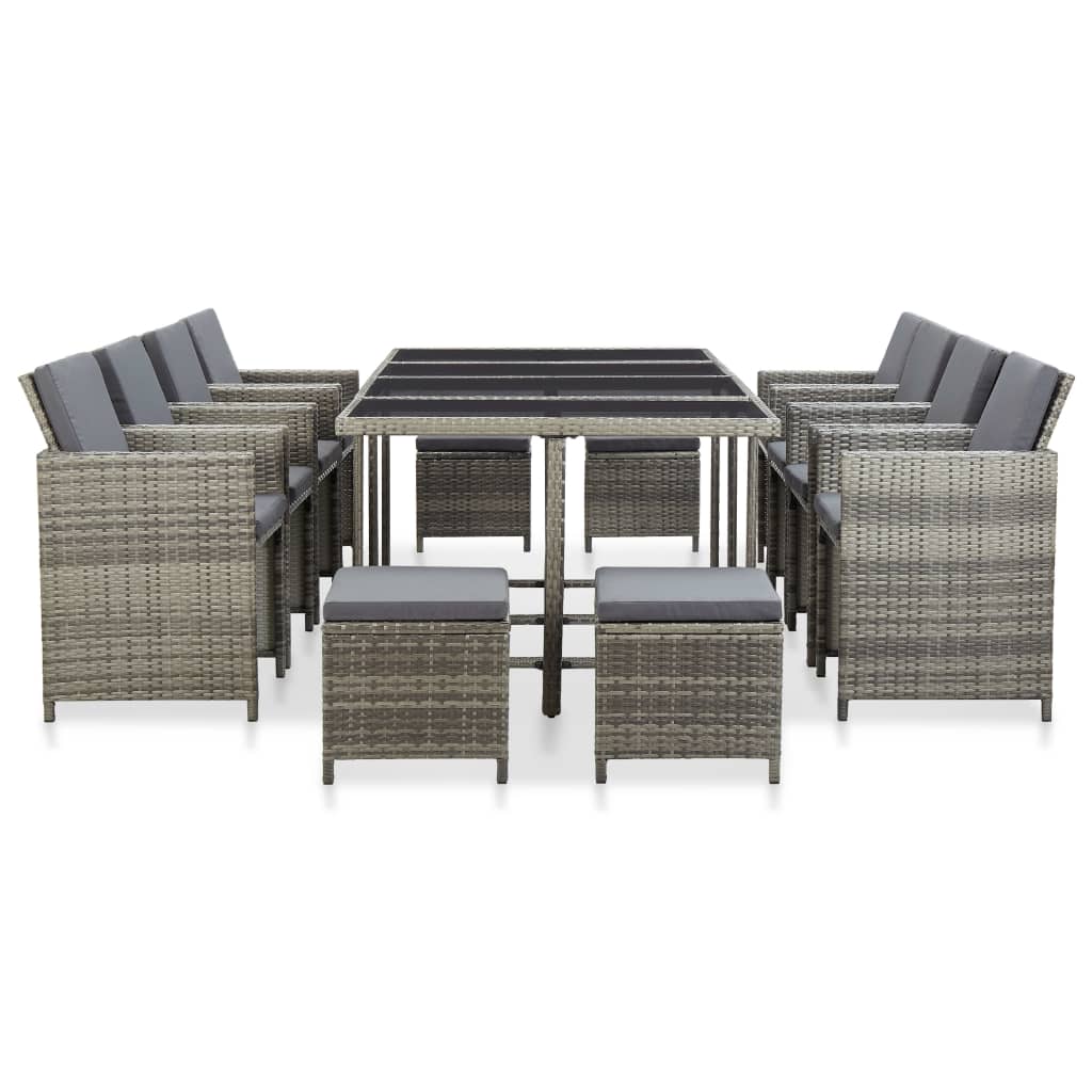 13 Pcs conjunto jantar exterior com almofadões vime PE cinzento