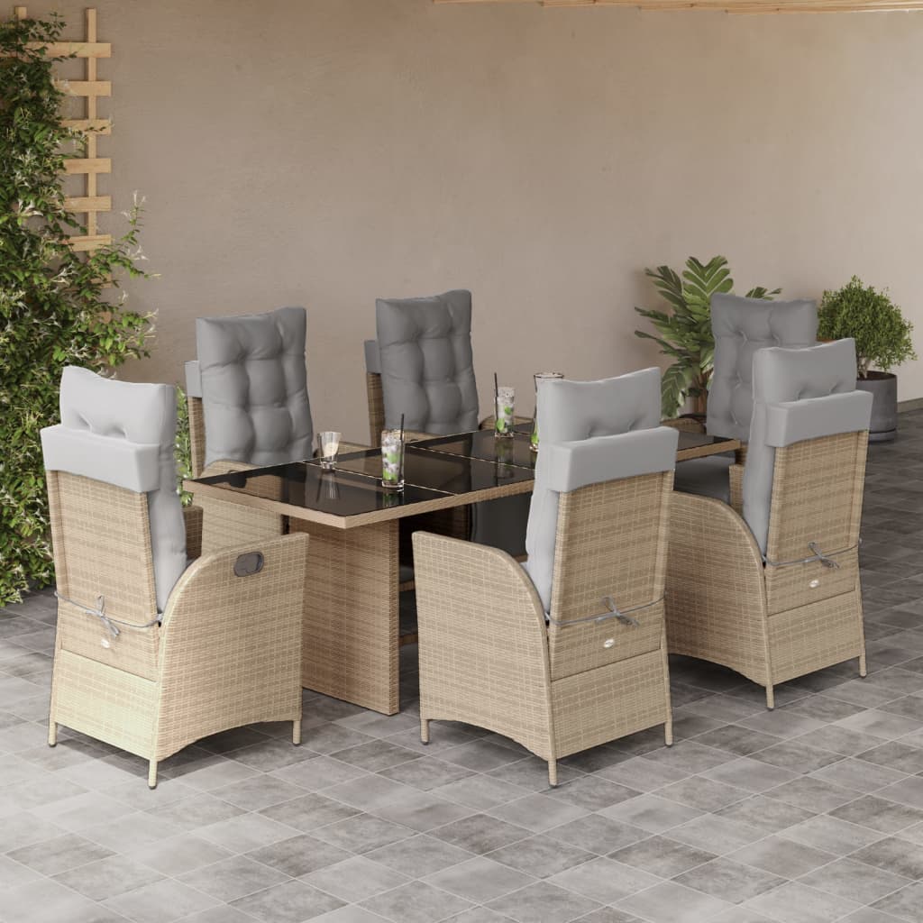 7 Pcs conj. jantar jardim c/ almofadões vime PE bege misturado