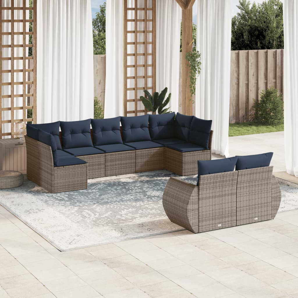 Conjunto de sofá de jardim de 9 peças com almofadas em rattan sintético cinza