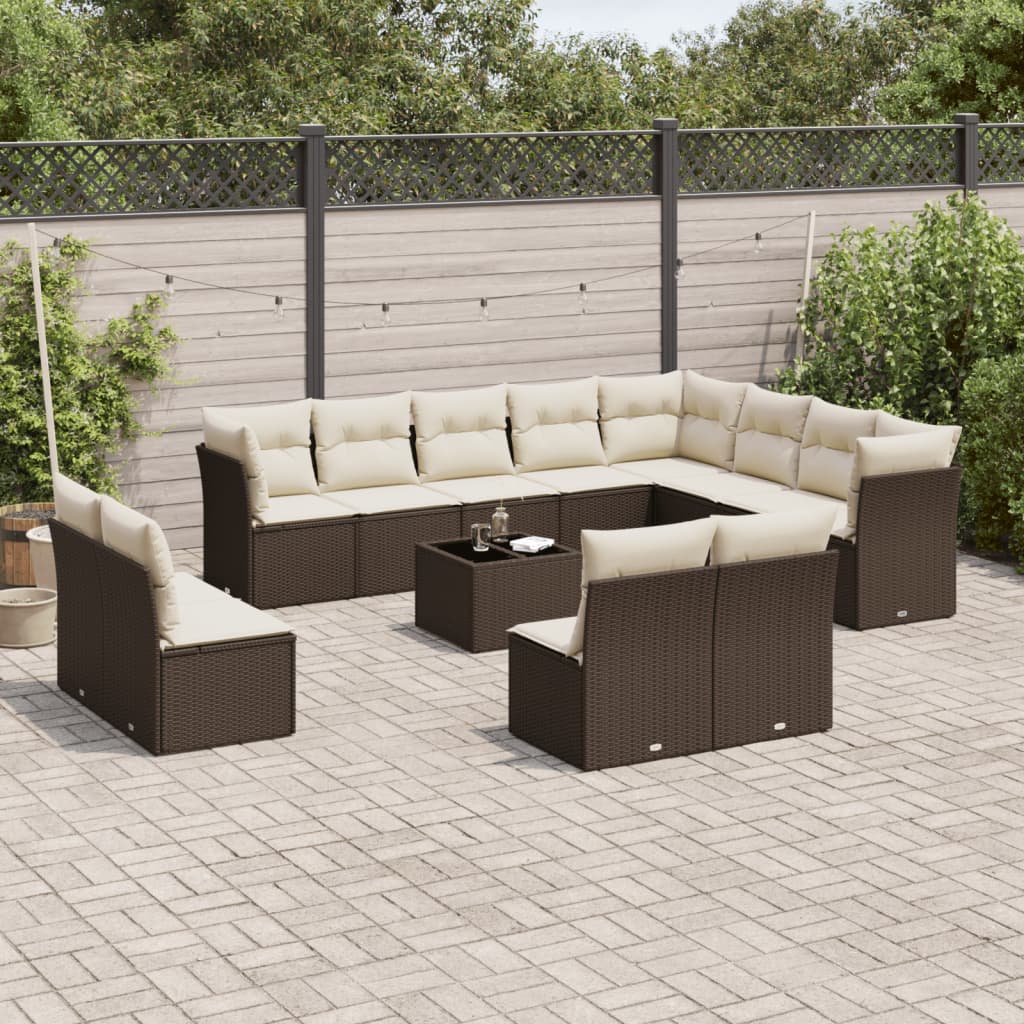 13 Pcs conjunto sofás p/ jardim c/ almofadões vime PE castanho
