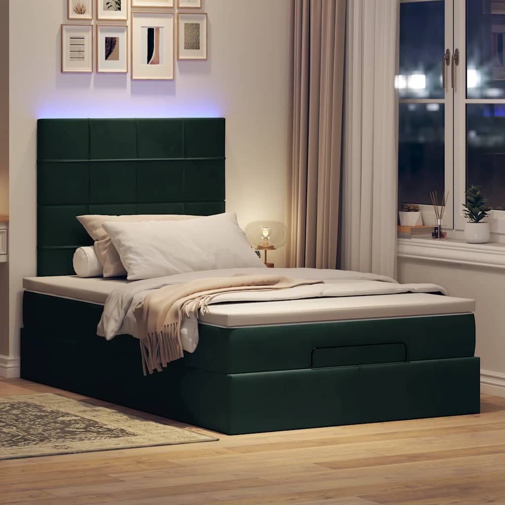 Estrutura de cama otomana com colchões verde escuro veludo