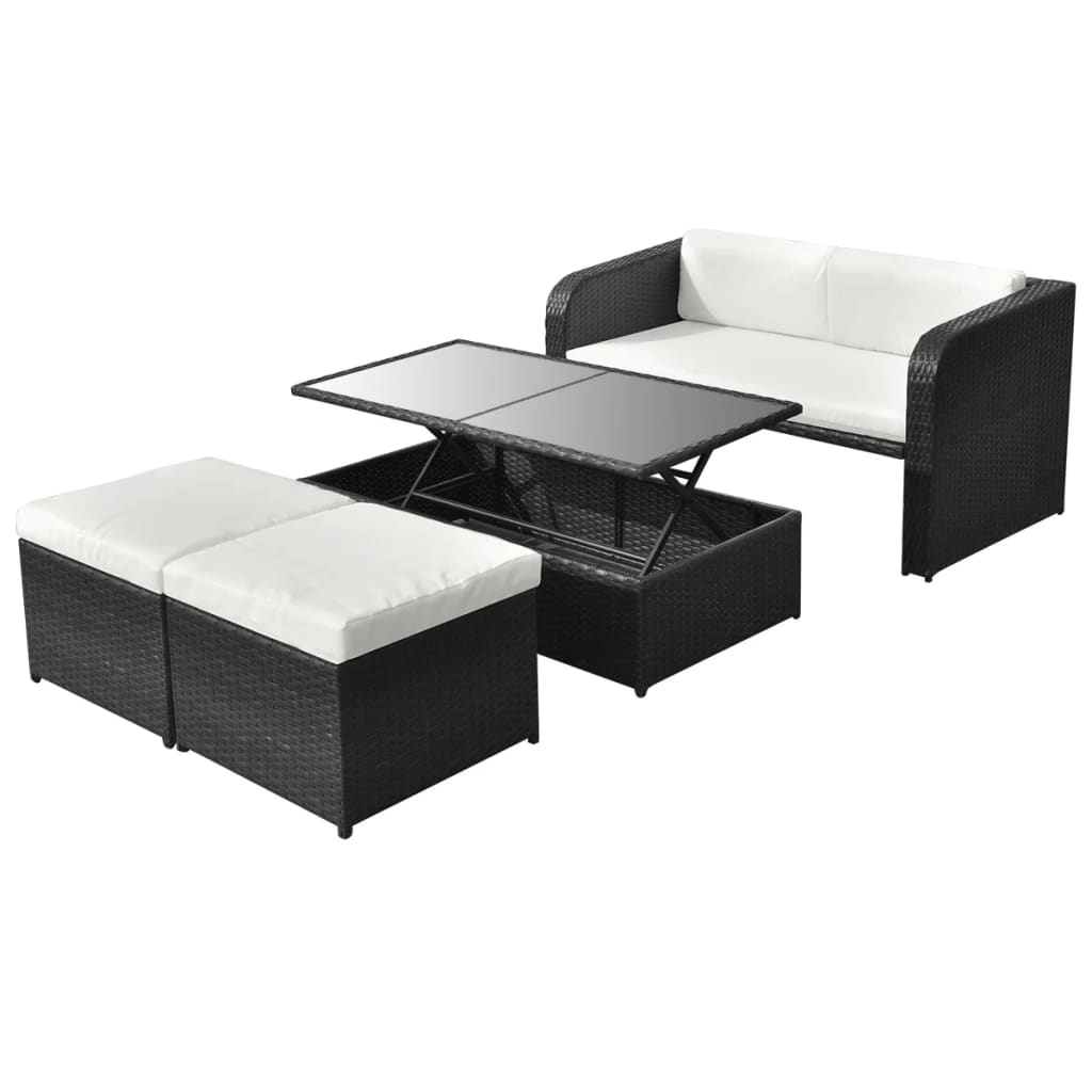 4 Pcs conjunto lounge de jardim c/ almofadões vime PE preto