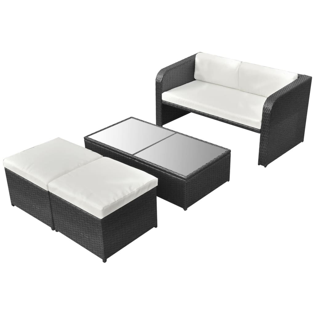 4 Pcs conjunto lounge de jardim c/ almofadões vime PE preto