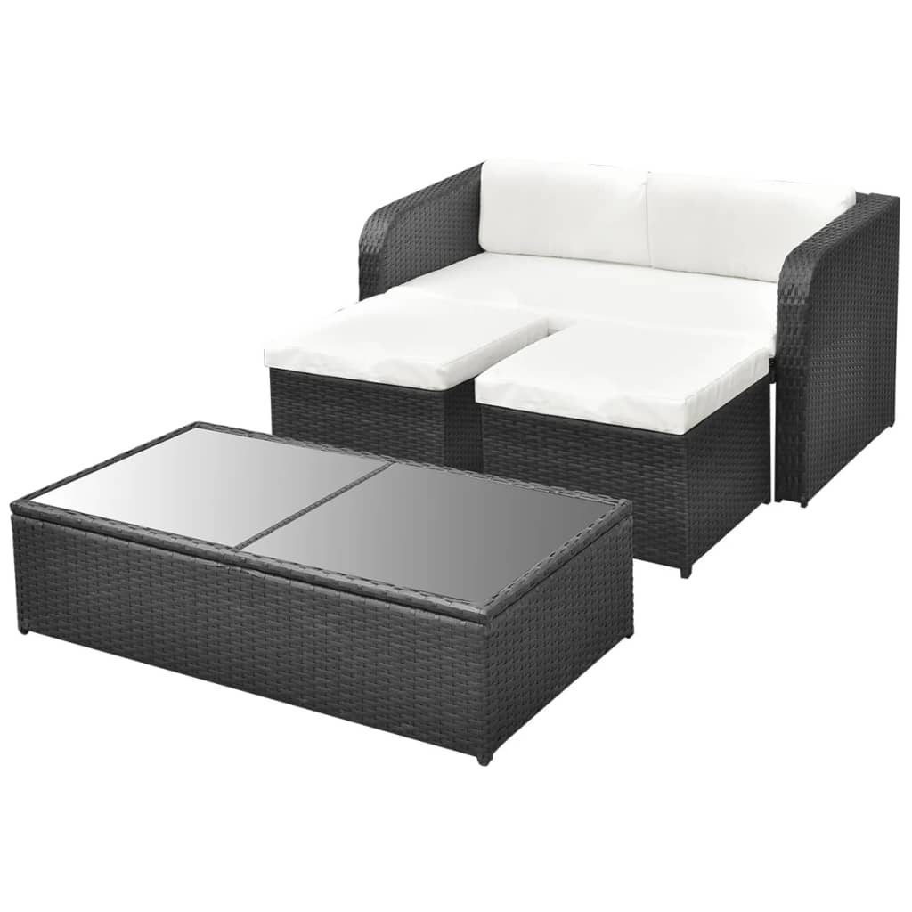 4 Pcs conjunto lounge de jardim c/ almofadões vime PE preto