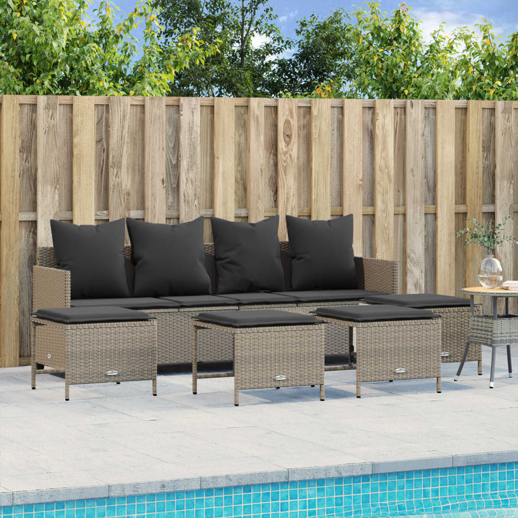 5 Pcs conj. sofás jardim c/ almofadões vime PE cinzento-claro
