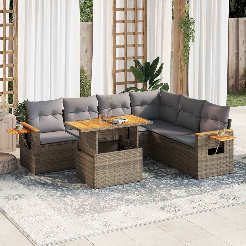 7 Pcs conjunto sofás jardim com almofadões vime PE/acácia bege