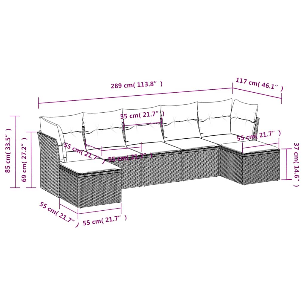 7 Pcs conjunto de sofás p/ jardim c/ almofadões vime PE preto