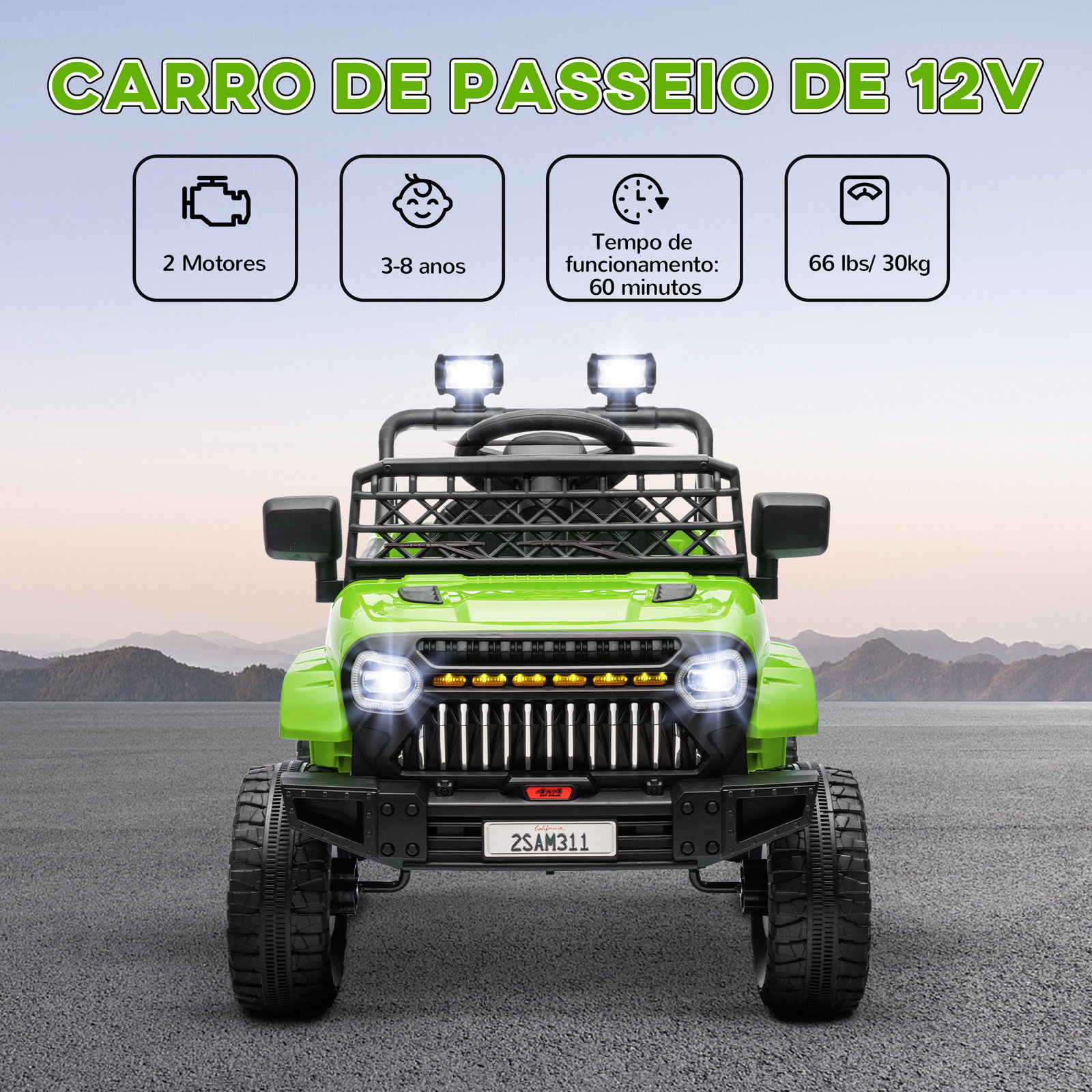 Carro elétrico para crianças carro elétrico infantil utv 12v com velocidade ajustável USB e faróis 95x62,5x65 cm verde