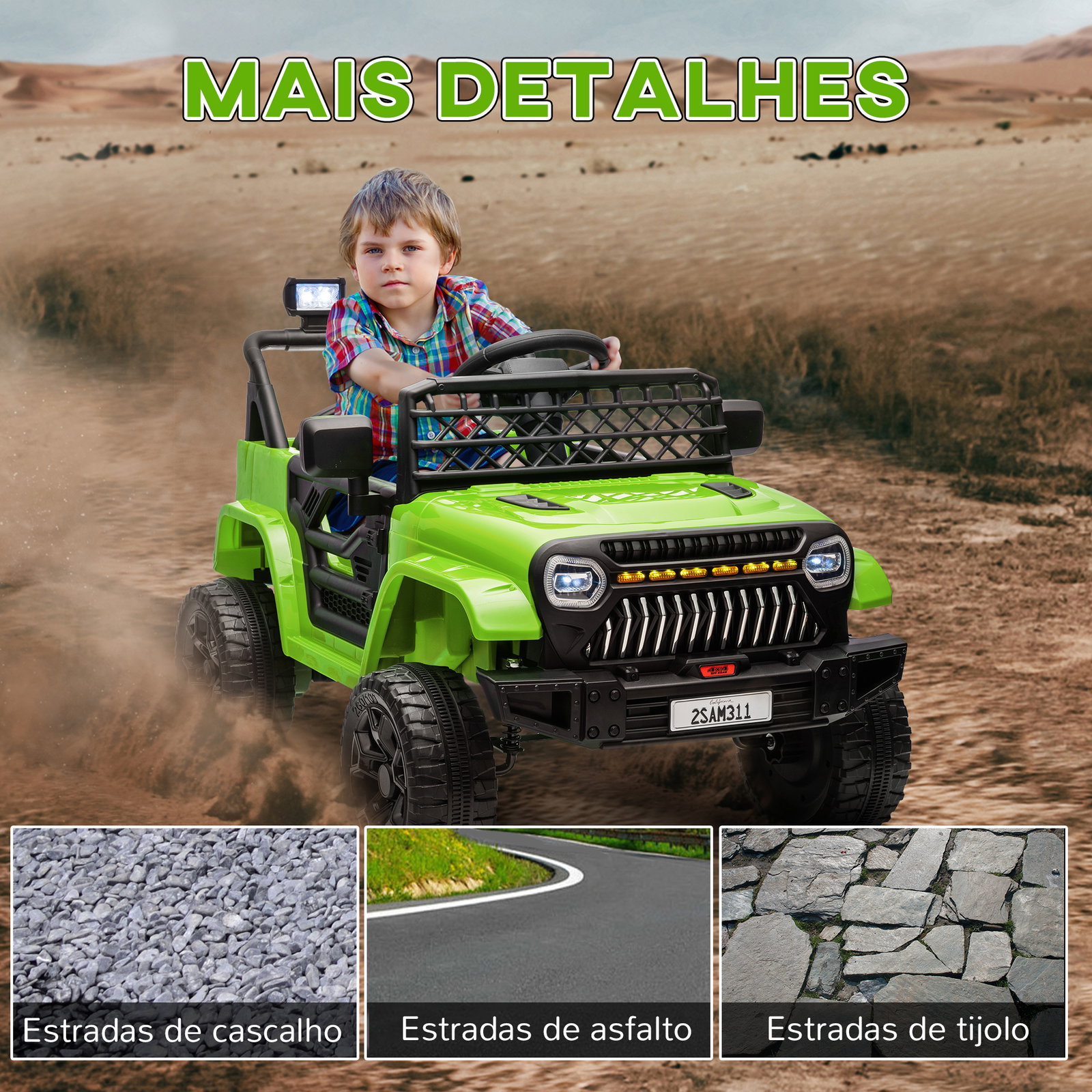 Carro elétrico para crianças carro elétrico infantil utv 12v com velocidade ajustável USB e faróis 95x62,5x65 cm verde
