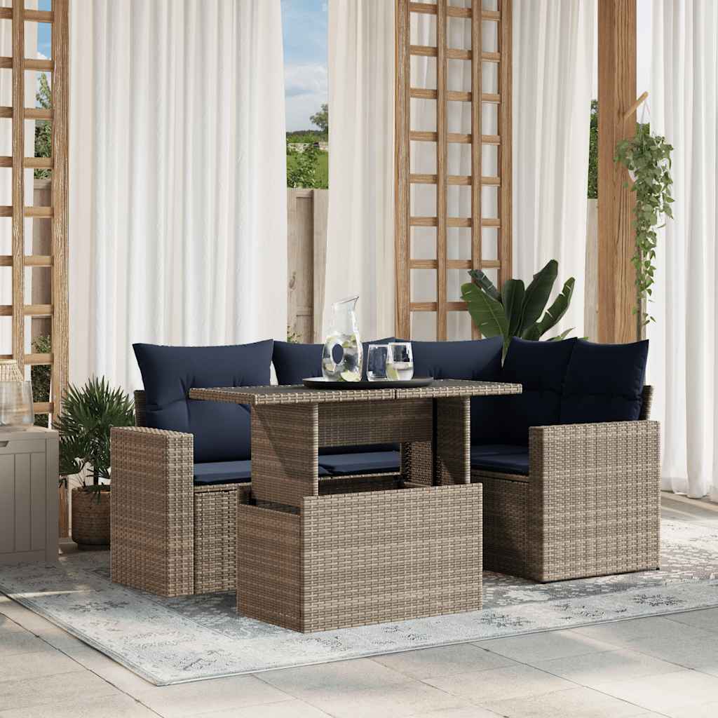Conjunto de sofá de jardim de 5 peças com almofadas em rattan sintético cinza