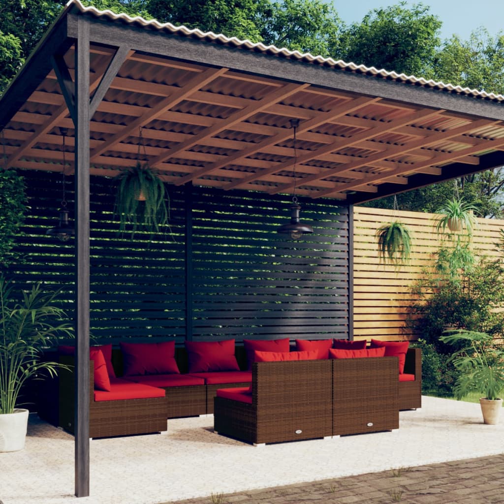 9 Pcs conjunto lounge de jardim c/ almofadões vime PE castanho