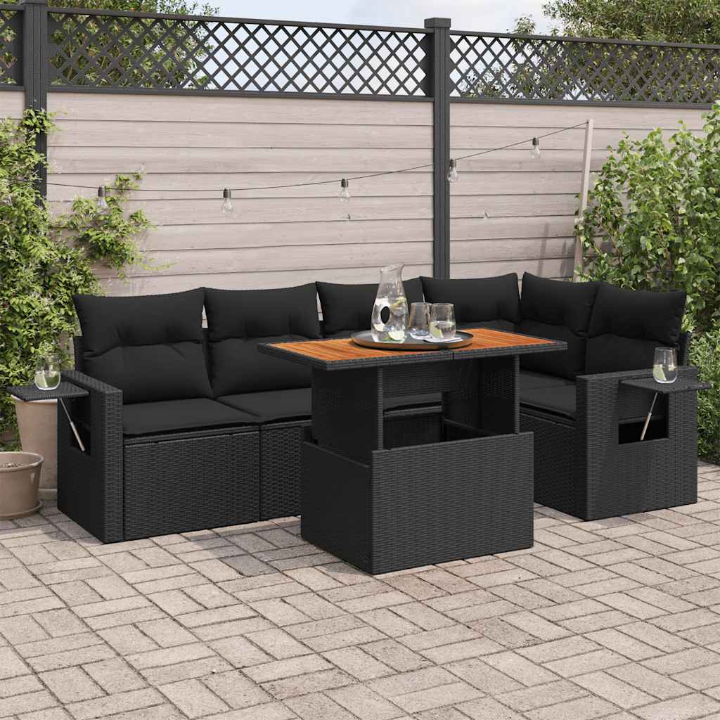 6 Pcs conjunto sofás de jardim c/ almofadões vime PE preto
