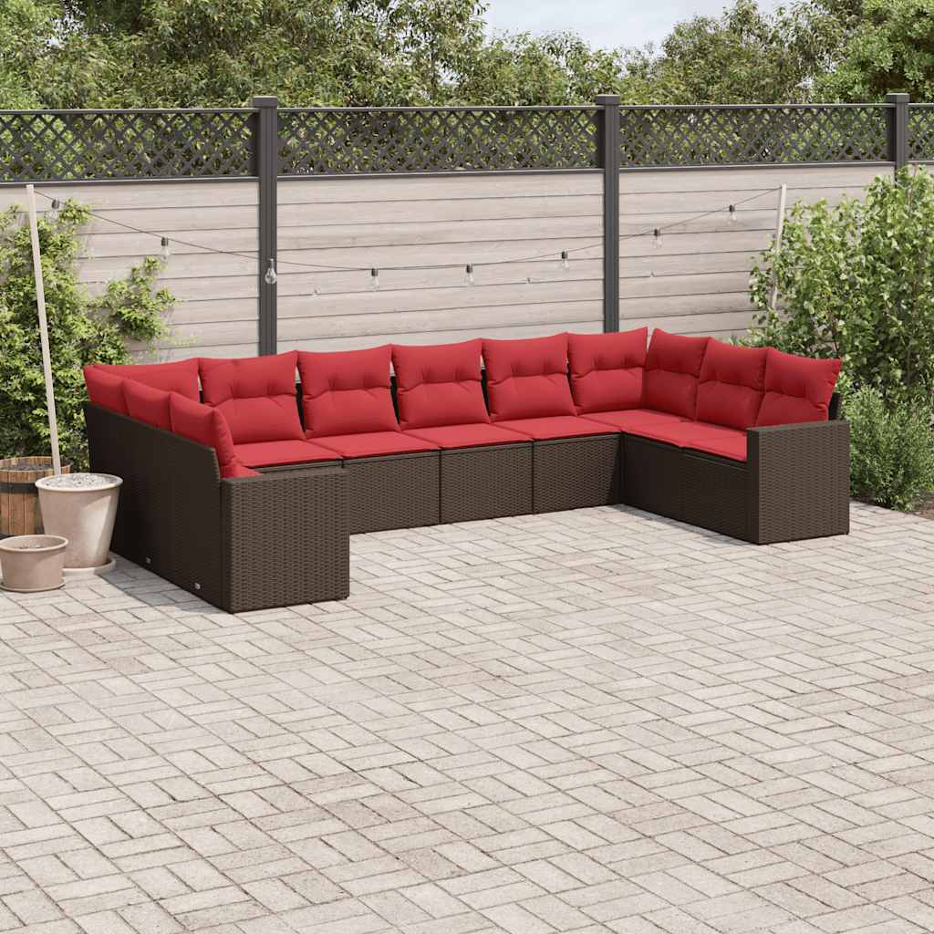 10 Pcs conj. sofás jardim com almofadões vime PE castanho