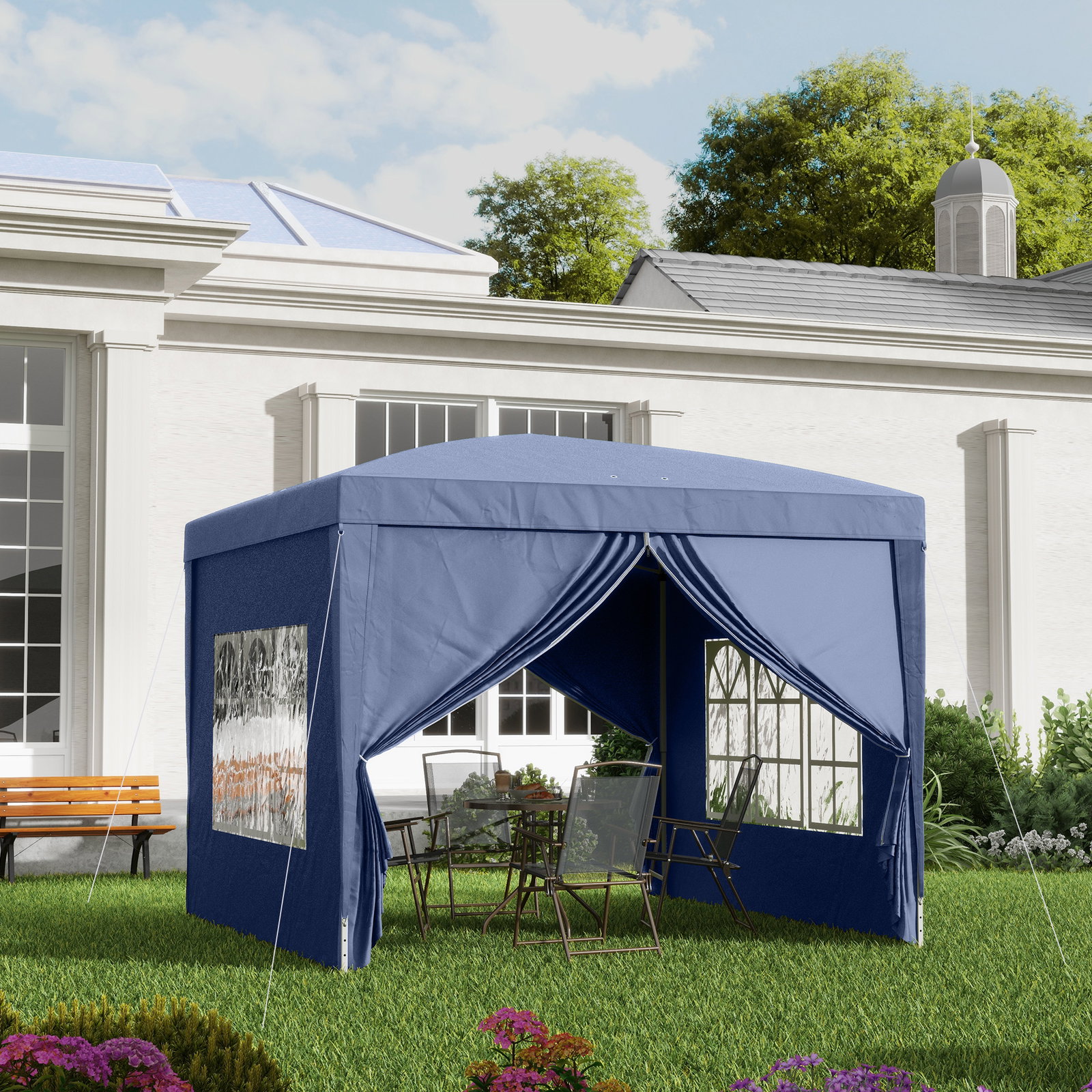 Tenda de jardim com paredes laterais amovíveis janelas porta com zíper e bolsa de transporte 295x295x195-258 cm azul