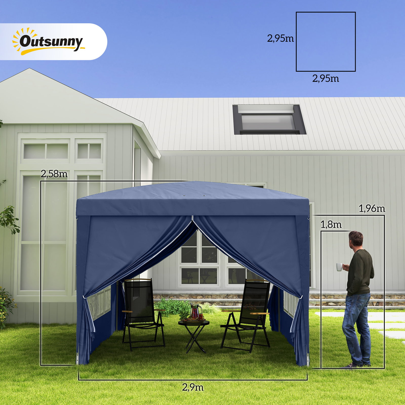 Tenda de jardim com paredes laterais amovíveis janelas porta com zíper e bolsa de transporte 295x295x195-258 cm azul