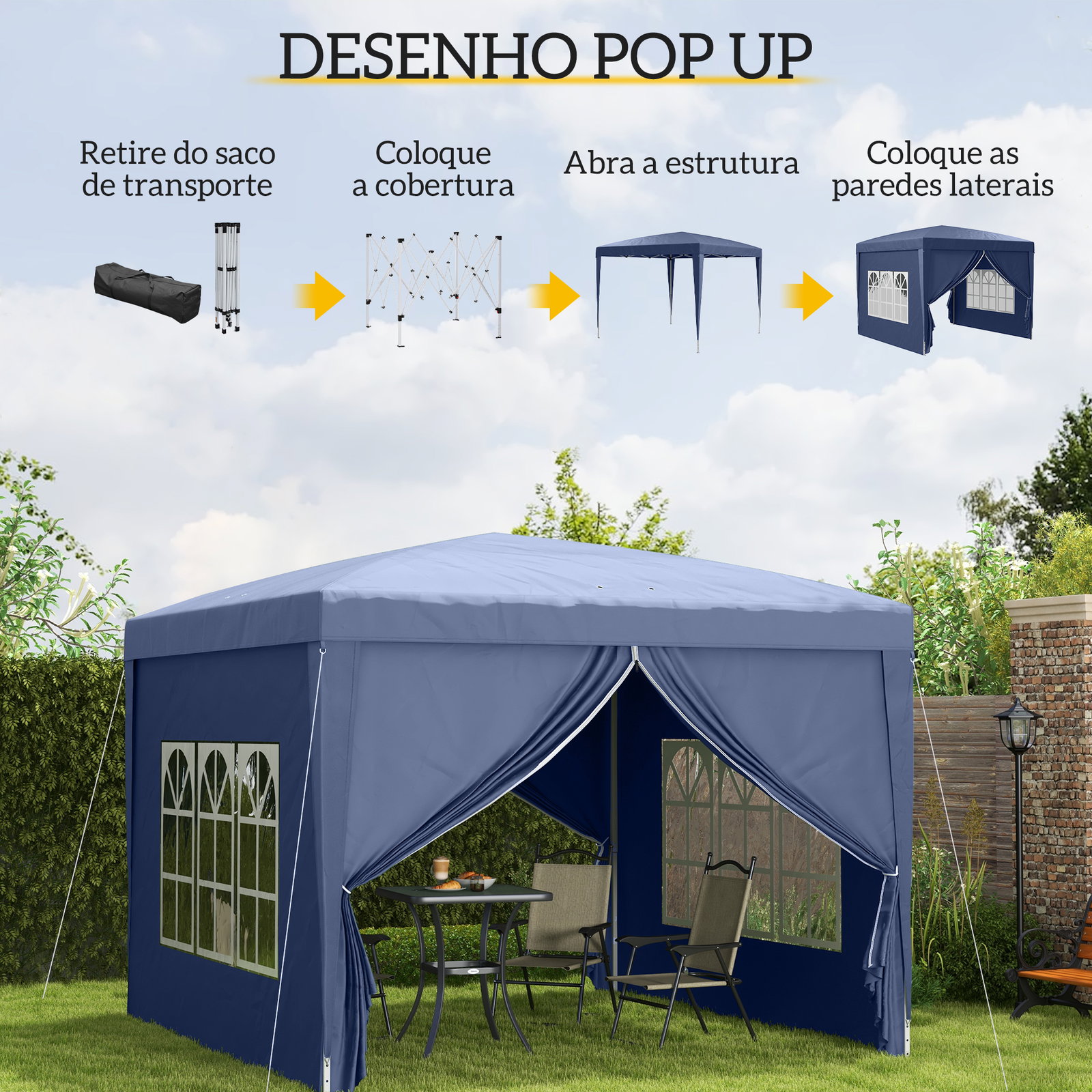 Tenda de jardim com paredes laterais amovíveis janelas porta com zíper e bolsa de transporte 295x295x195-258 cm azul