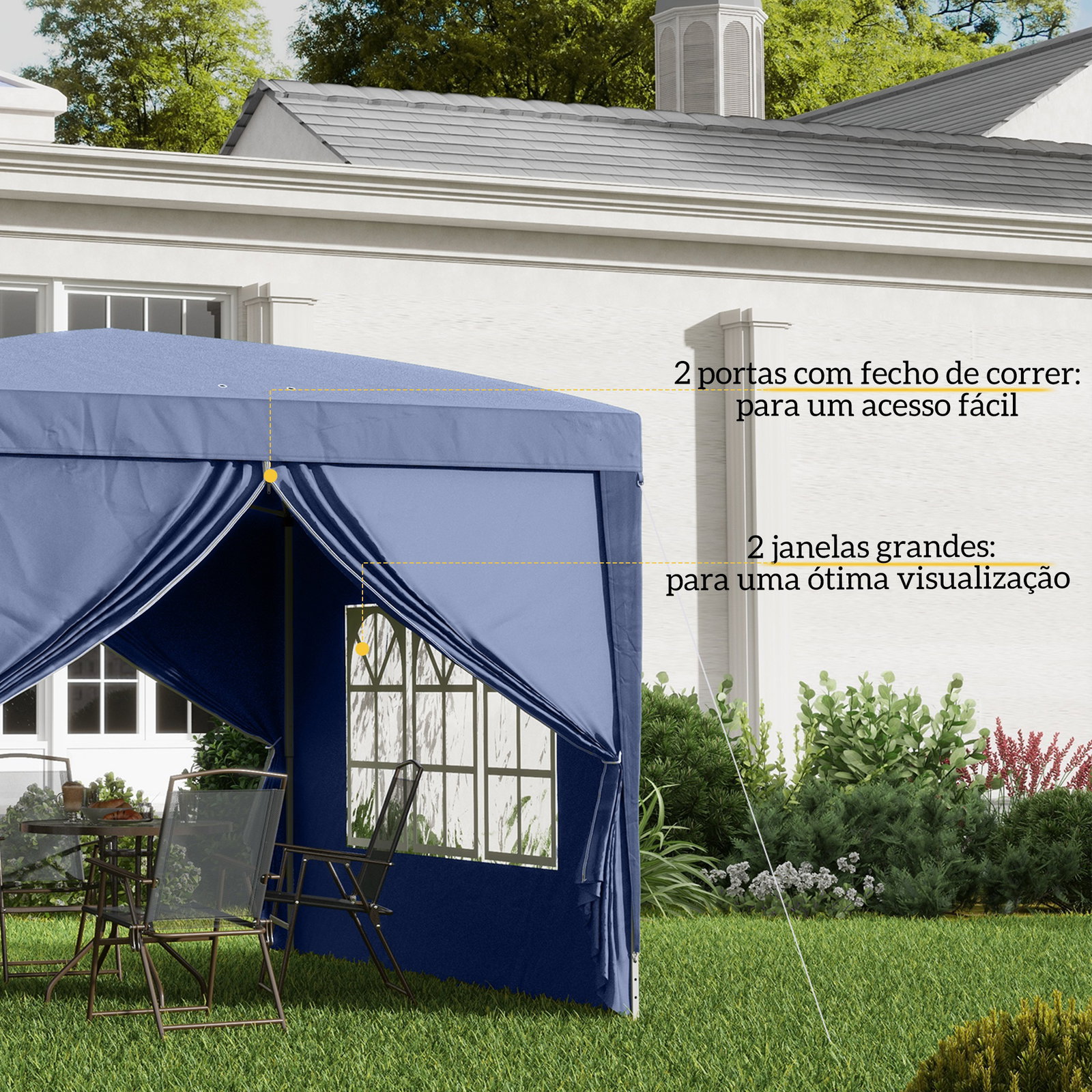 Tenda de jardim com paredes laterais amovíveis janelas porta com zíper e bolsa de transporte 295x295x195-258 cm azul