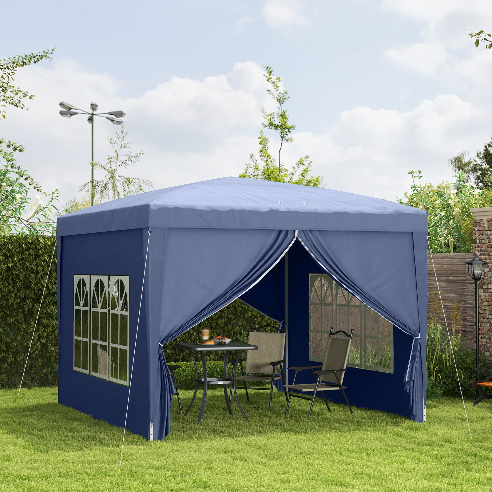 Tenda de jardim com paredes laterais amovíveis janelas porta com zíper e bolsa de transporte 295x295x195-258 cm azul