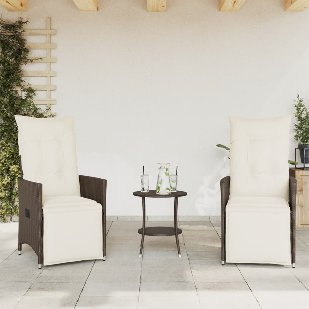 3 Pcs conjunto bistrô com almofadões vime PE castanho