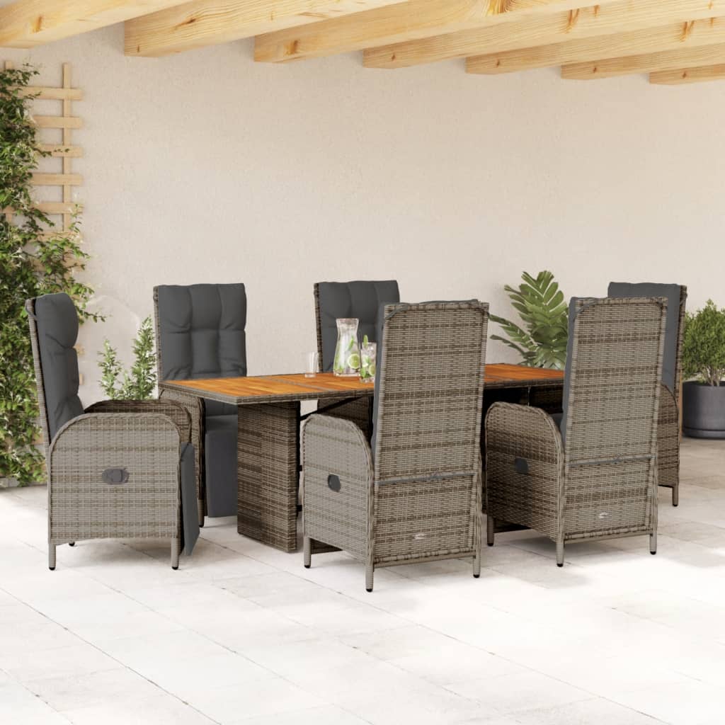 7 Pcs conjunto de jantar p/ jardim c/ almofadões vime PE cinza