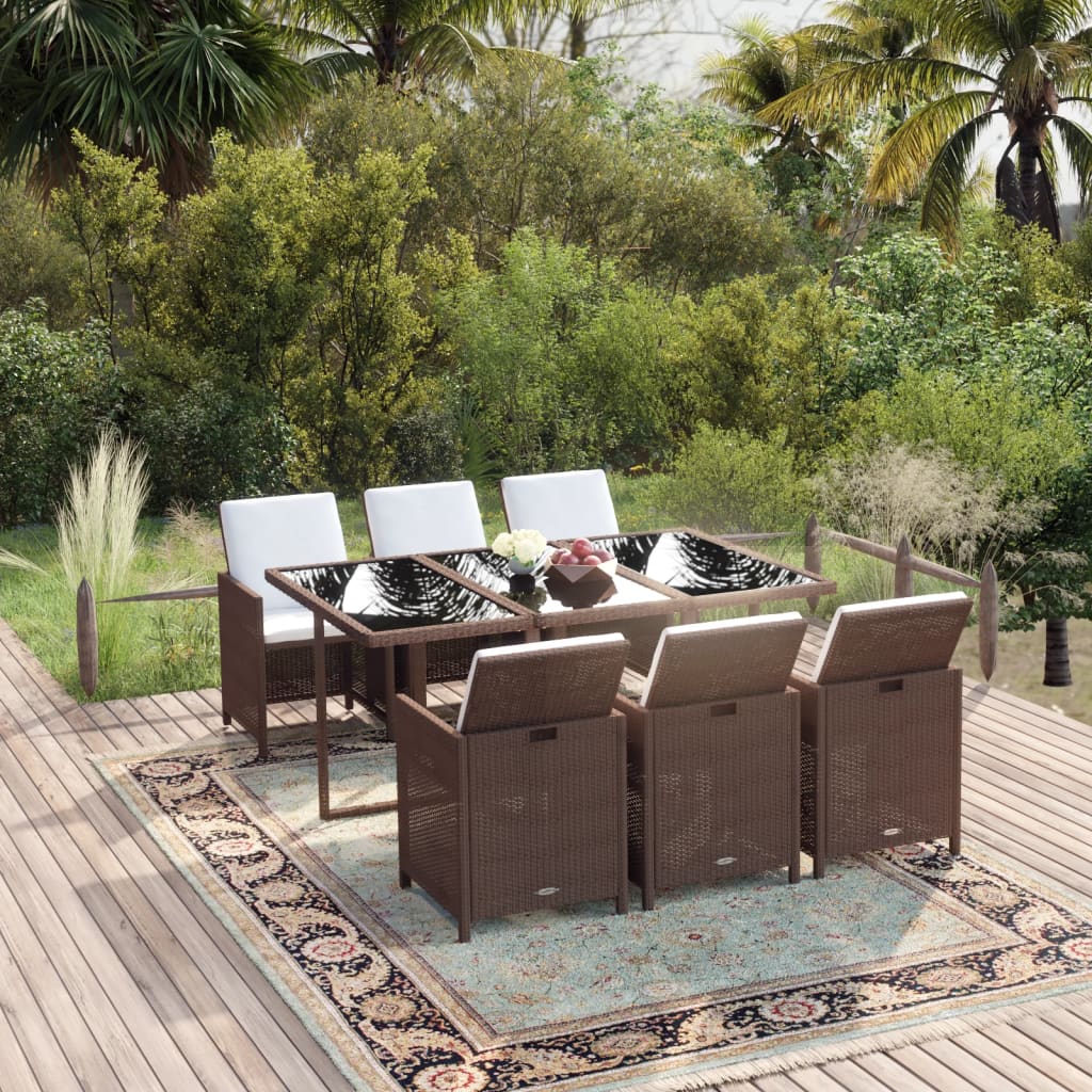 7 Pcs conjunto jantar p/ jardim c/ almofadões vime PE castanho